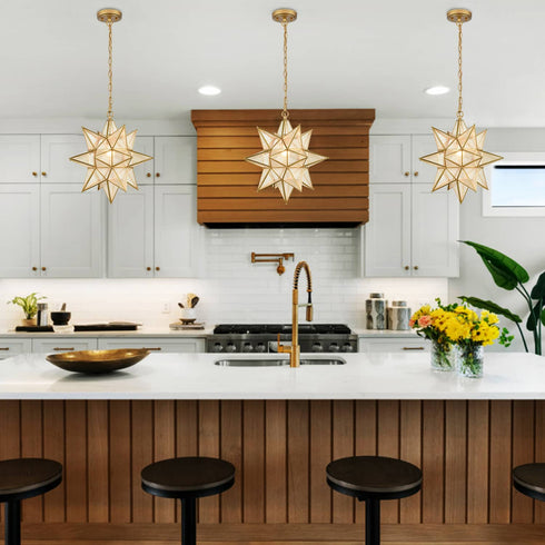 Moravian Star Pendant Chandelier Seeded Glass Gold Light 19 Inches